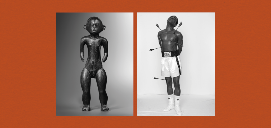 Fond orange avec deux photos noir et blanc d'oeuvres d'art