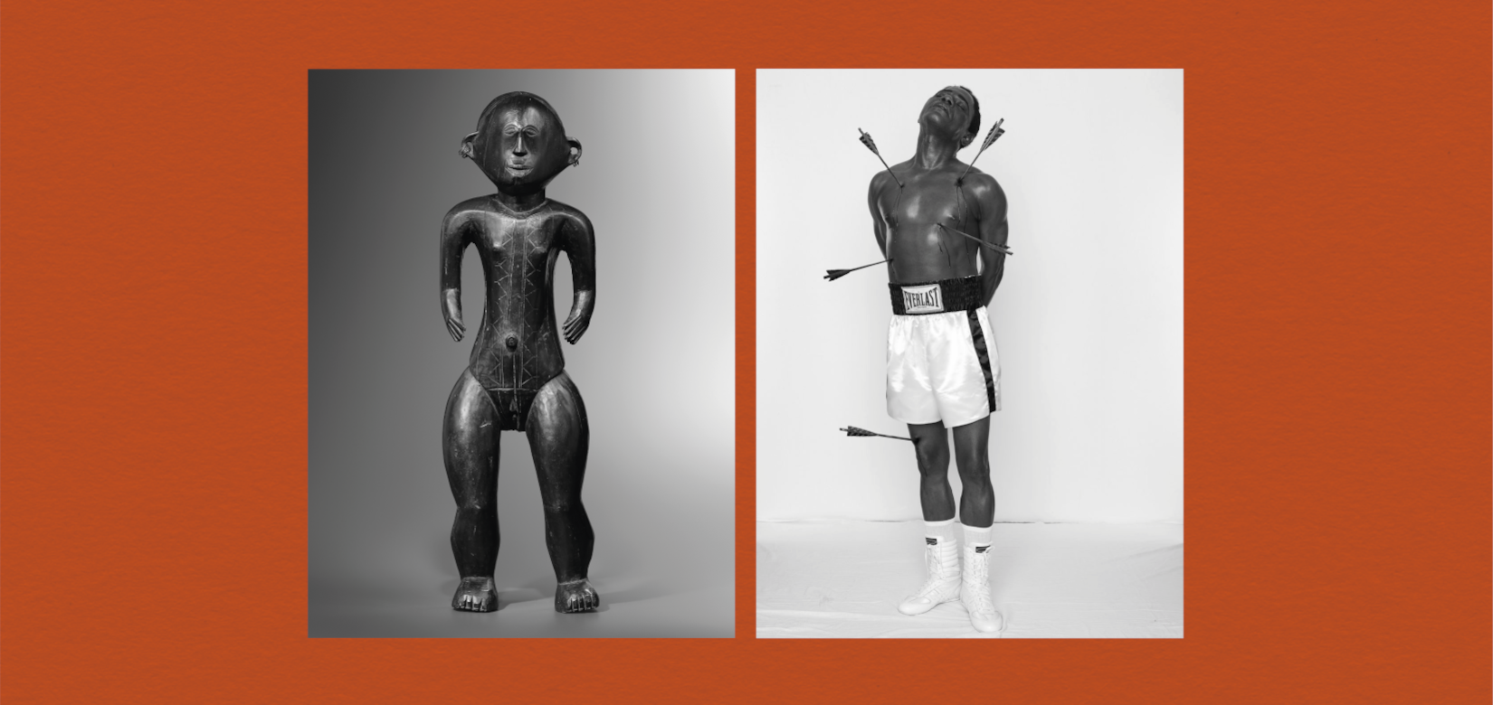 Fond orange avec deux photos noir et blanc d'oeuvres d'art